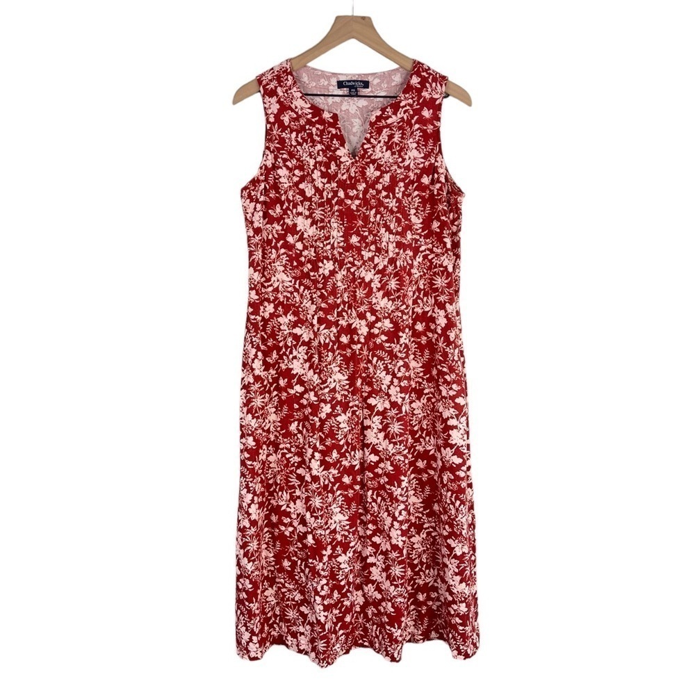Chadwicks of Boston Dress Medium PETITE Red Floral Print Washable Linen Midi